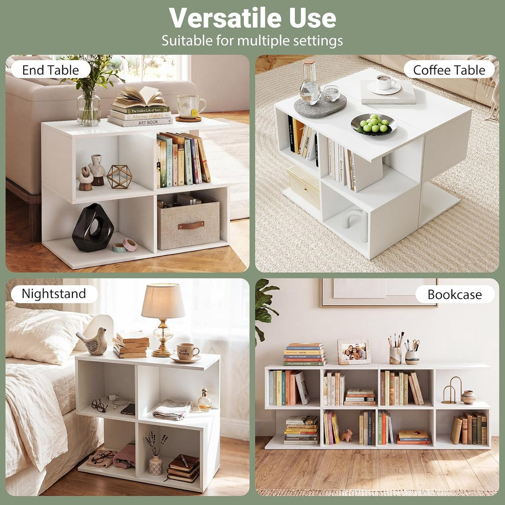 Giantex 4-Cube Book Shelf, 17'' Modern S-Shaped Couch End Sofa Side Table with Storage, Wood Cube Organizer, Small Bookshelf for Living Room Bedroom Home Office Dorm, White (1)