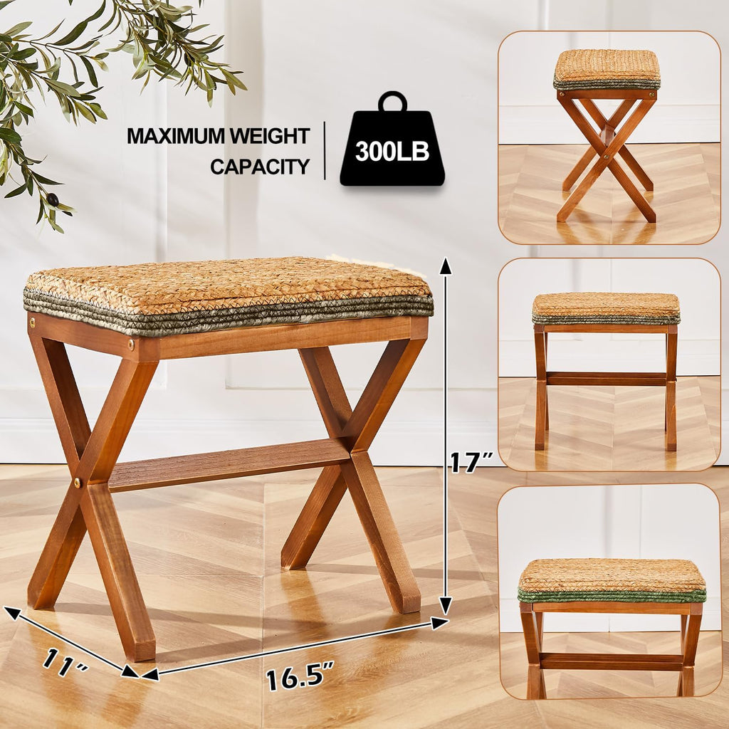 Natural Seagrass Ottoman Footstool with Wooden Legs – Handwoven Rectangular Foot Rest for Living Room, Patio & Balcony