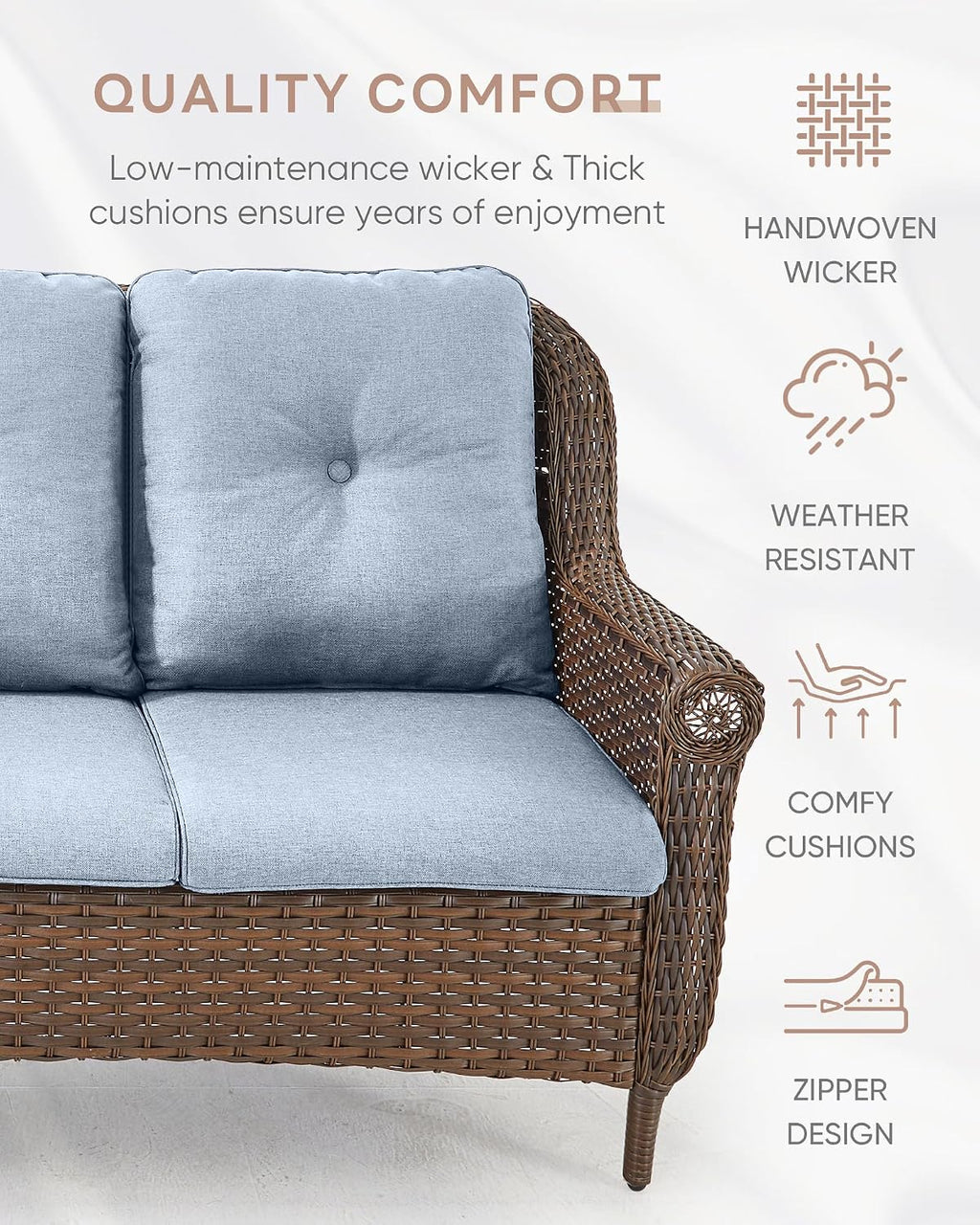 Patio Couch Outdoor Wicker Sofa - Heavy Duty All-Weather Brown Rattan 3-Seater with High Back and Comfy Thick Cushions for Garden Back Porch Poolside Apartment - Baby Blue
