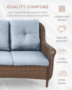 Patio Couch Outdoor Wicker Sofa - Heavy Duty All-Weather Brown Rattan 3-Seater with High Back and Comfy Thick Cushions for Garden Back Porch Poolside Apartment - Baby Blue