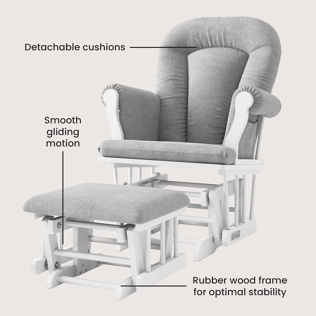 Child Craft Cozy Glider Rocker and Ottoman Set, Smooth Quiet Gliding Motion, Padded Cushion with Convenient Storage Pockets, Solid Wood Base & Frame (Matte White with Light Gray Cushion)