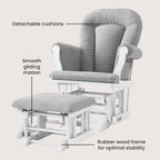 Child Craft Cozy Glider Rocker and Ottoman Set, Smooth Quiet Gliding Motion, Padded Cushion with Convenient Storage Pockets, Solid Wood Base & Frame (Matte White with Light Gray Cushion)