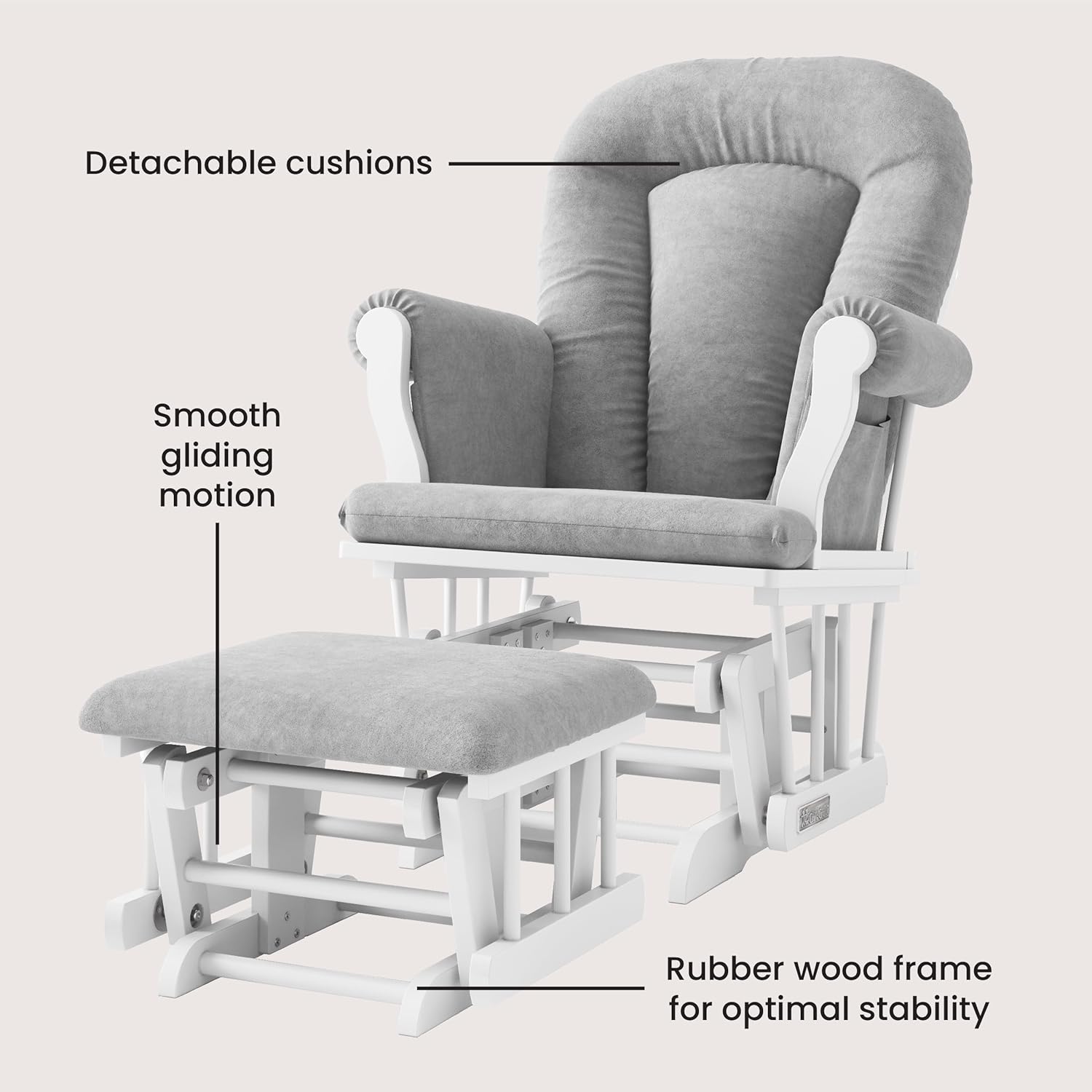 Child Craft Cozy Glider Rocker and Ottoman Set, Smooth Quiet Gliding Motion, Padded Cushion with Convenient Storage Pockets, Solid Wood Base & Frame (Matte White with Light Gray Cushion)