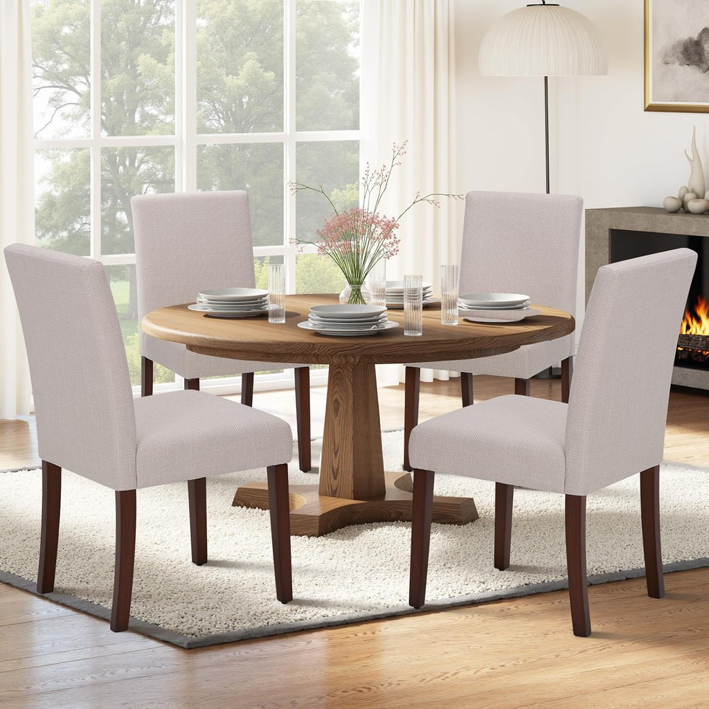 Upholstered Dining Chairs Set of 6 - Line Fabric Modern Farmhouse Kitchen Chairs,Mid-Back Dining Room Chairs with Wooden Legs