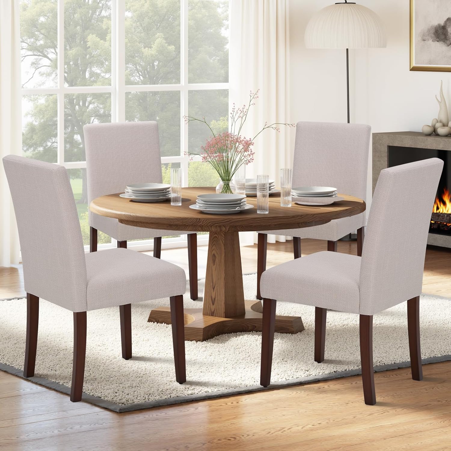 Upholstered Dining Chairs Set of 4 - Line Fabric Modern Farmhouse Kitchen Chairs,Mid-Back Dining Room Chairs with Wooden Legs