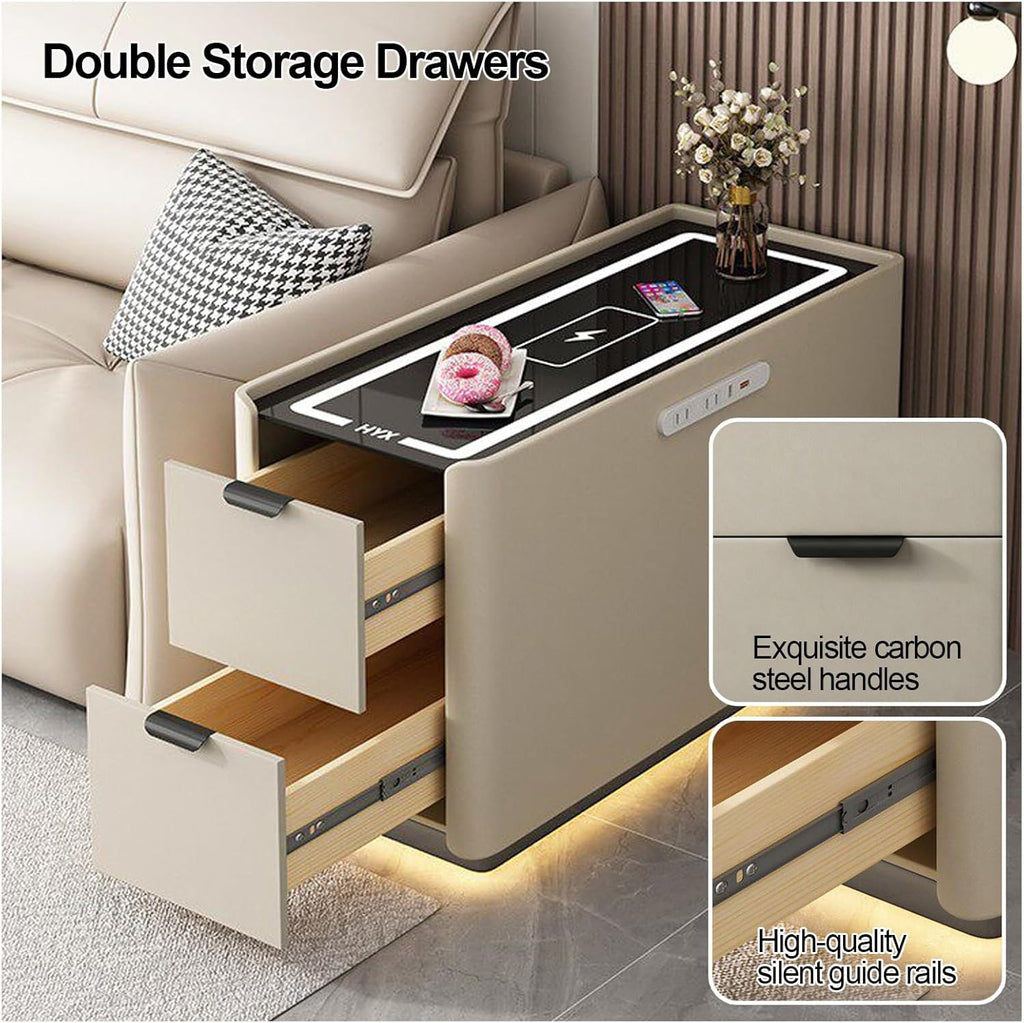 Smart Sofa Side Table with USB Charging Ports, 2 Drawers Storage, Tempered Glass Top, Modern Bedside Nightstand for Bedroom Living Room(Green,90x40cm/31.5x15.7in)