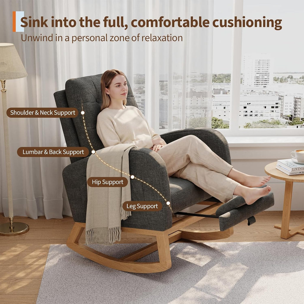 Garvee Modern Nursery Rocking Chair, Linen Upholstered Rocking Chair with Footrest, Comfortable Rocker Recliner with Side Pocket, Rocker Glider for Living Room, Bedroom, Nursing Room, Grey
