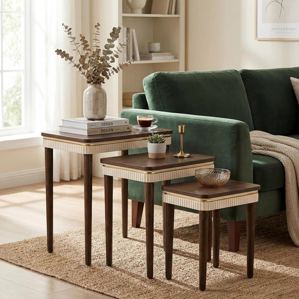 Hyfirm Walnut Side Table End Table Nesting Tables Set of 3, Retro Nesting Tables with Veneered Top & Gold Trim, Mid Century Modern Nesting Wood Coffee Tables for Living Room/Bedroom/Apartment