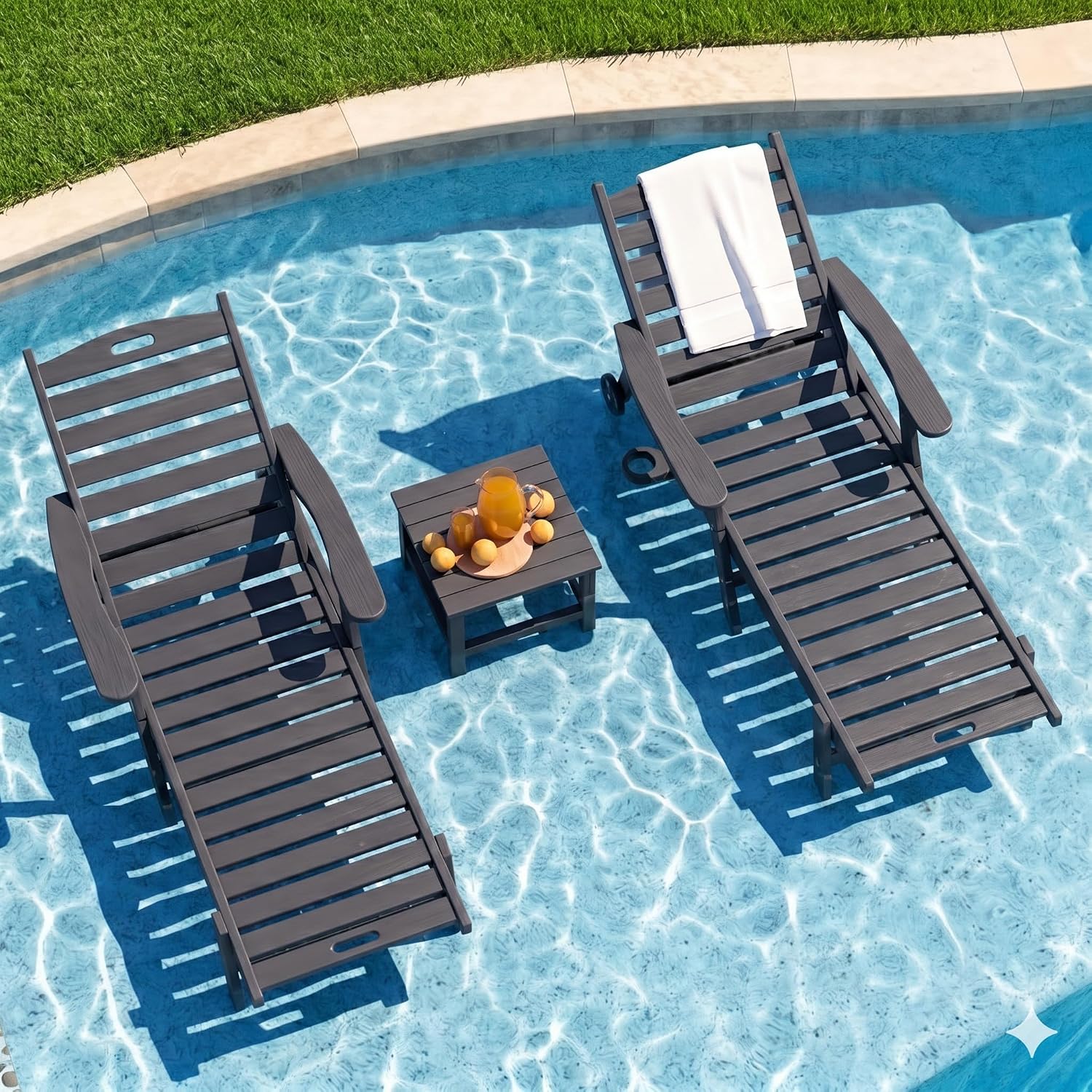 WACASA HDPE Pool Lounge Chairs Set of 2 with Wheels & Cup Holder, 6-Position Adjustable Outdoor Lounge Chair, Easy 20-Min Assembly, 450LBS Bearing, Patio Lounger for Poolside, Deck, Backyard (Grey)