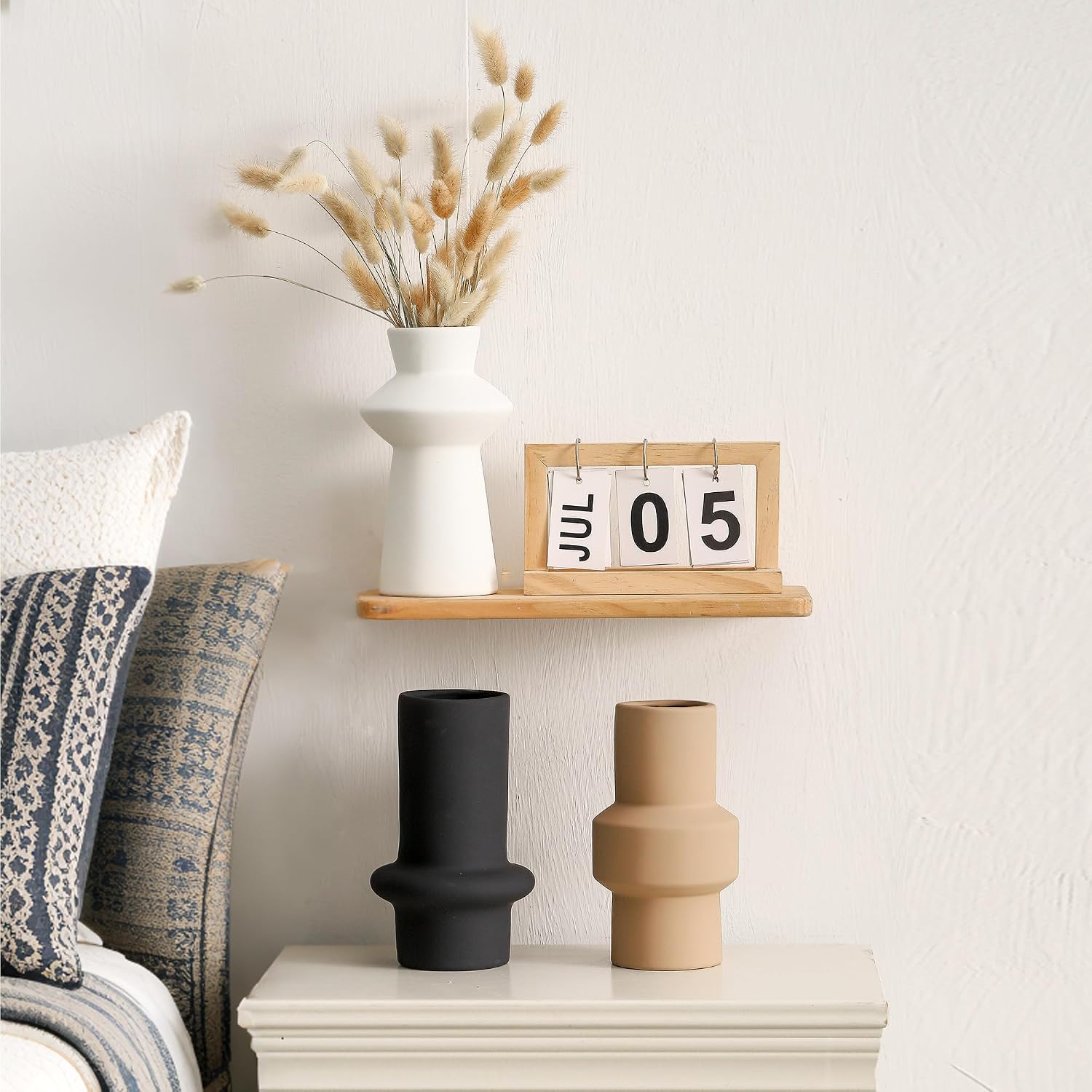 Modern Ceramic Vase Set of 3, 8 inch Simple Geometric Lines Vase for Pampas Grass Dried Fresh Flowers, Home Decor, Bedroom, Living Room, Bookshelf Decoration, Neutral Minimalist Nordic Style