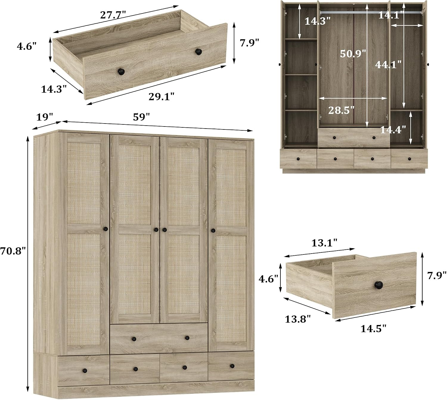 WOODTIME Rattan Armoire Wardrobe Closet with 7 Shelves, 5 Drawers & Hanging Bars, 59" L Wooden Wardrobe Clothes Storage Cabinet for Bedroom, Guest Room, Brown