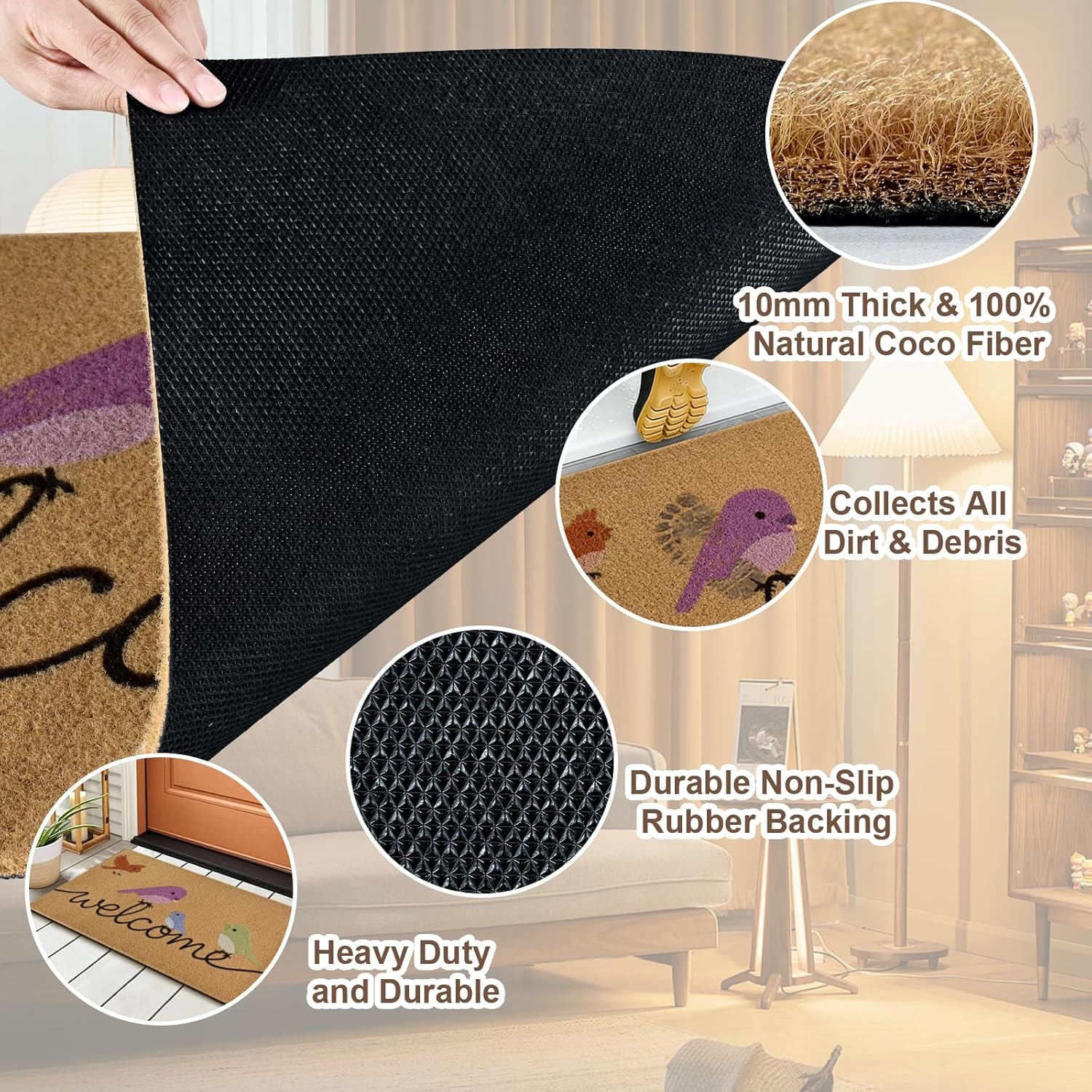Yinhua Colorful Birds Coir Door Mat, Heavy Duty Welcome Mat with Non-Slip Rubber Backing, Low Pile Front Door Mats for Outside Entrance, Natural Entry Mats Coconut Fiber Surface for Porch 17"x30"