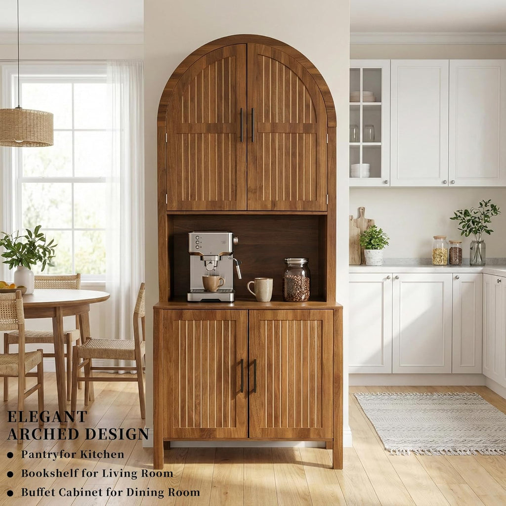 76" Tall Arched Kitchen Pantry,Large Storage Cupboard with Fluted Doors,Microwave Shelf,Modern Wooden Buffet Sideboard,Adjustable Shelves,Cabinet for Dining,Living Room,Walnut