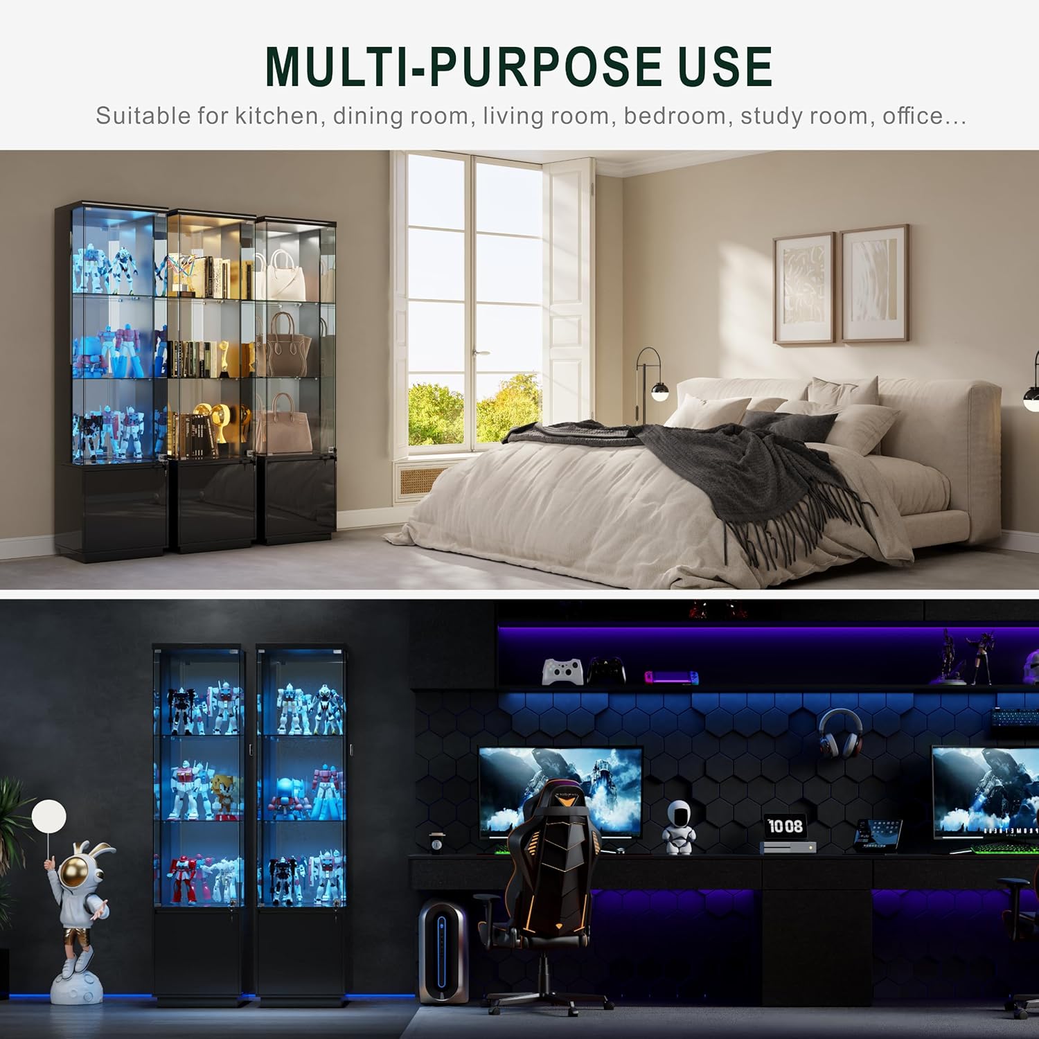 Lvifur Lockable Curio Display Cabinet with Glass Door,65" Lighted Curio Cabinet with 3 Color Lights for Collectibles,3-Tier Glass Display Case with Human Body Sensor for Living Room,Black