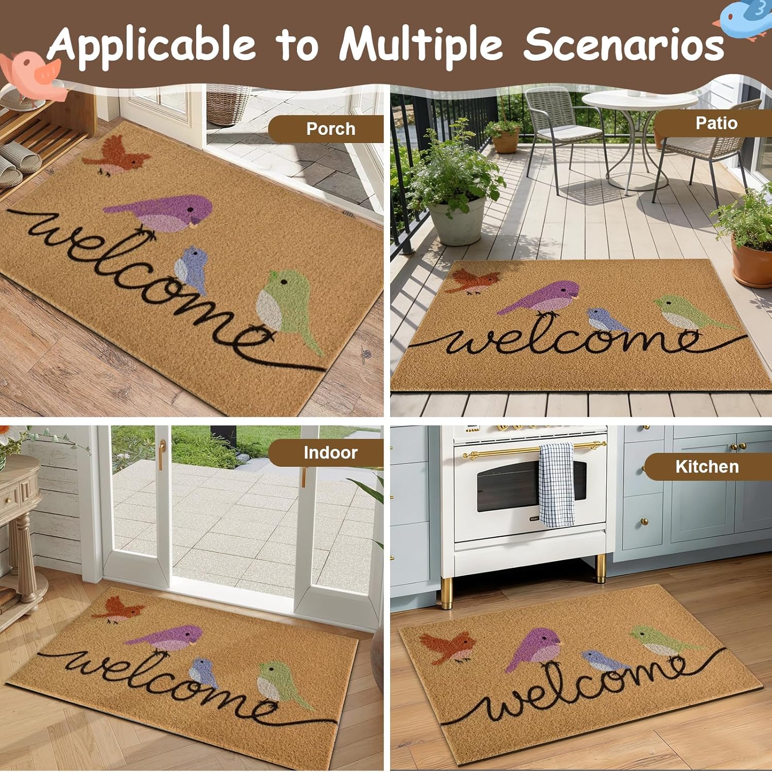 Yinhua Colorful Birds Coir Door Mat, Heavy Duty Welcome Mat with Non-Slip Rubber Backing, Low Pile Front Door Mats for Outside Entrance, Natural Entry Mats Coconut Fiber Surface for Porch 17"x30"