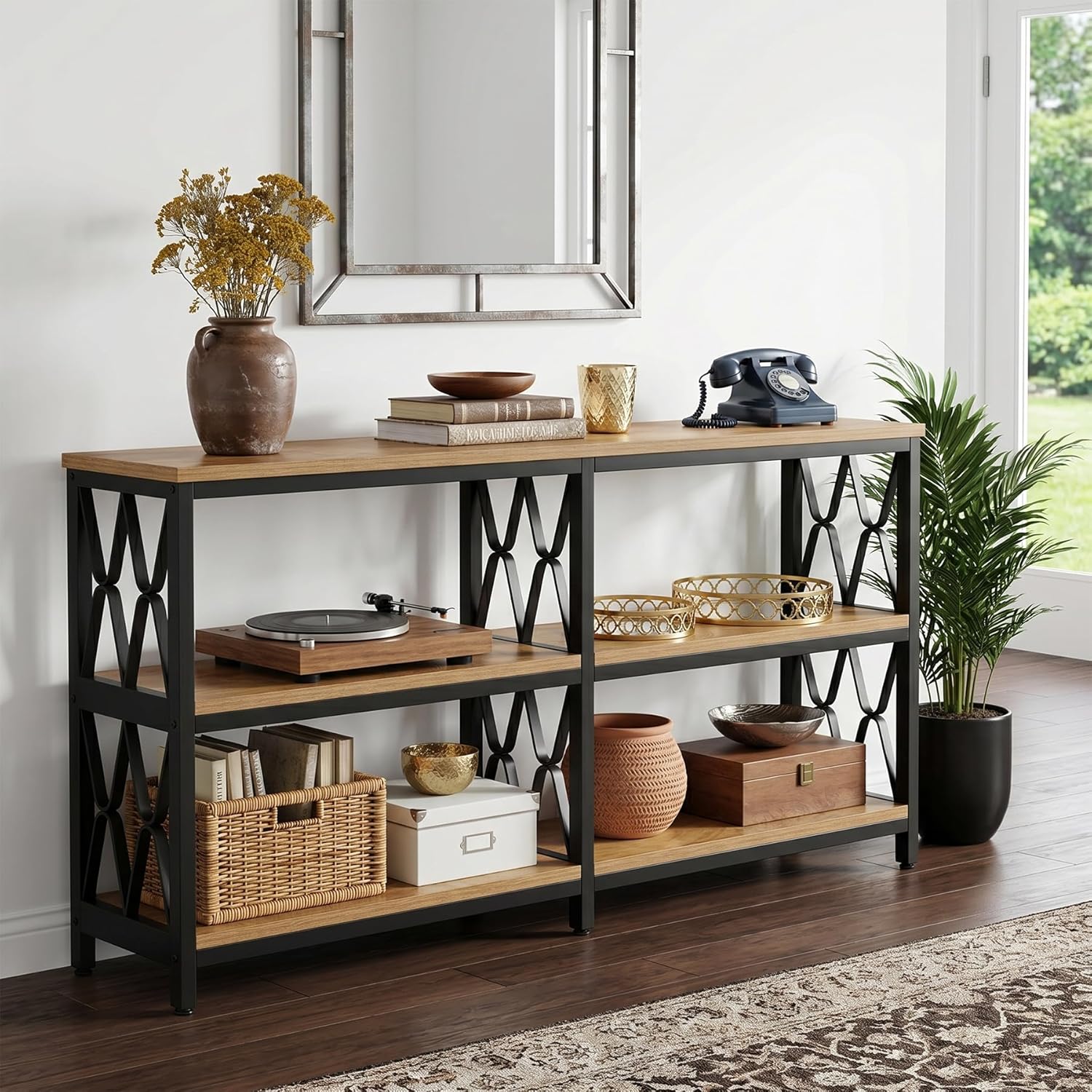 LITTLE TREE Console Table with Storage Shelves, 70.9" Industrial 3-Tier Sofa Table for Living Room, Long Foyer Table Entryway Table for Hallway, Front Door, Entrance, Natural Light Oak & Black