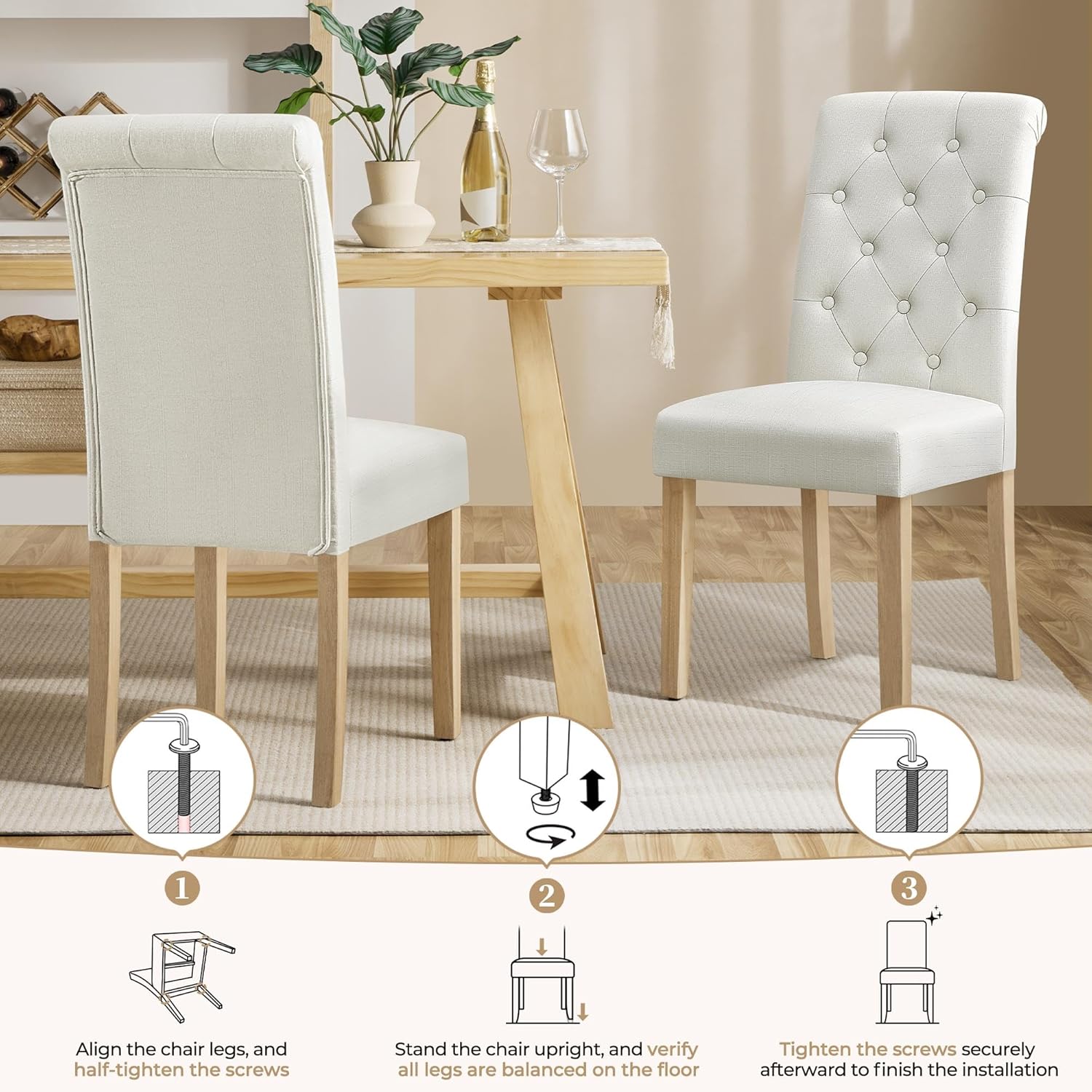 Yaheetech Dining Chairs Set of 4 Fabric Upholstered Dining Room Chairs with Button Tufted High Back and Solid Wood Legs for Kitchen/Living Room/Restaurant, Modern Style, Beige