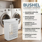 Bushel Laundry Hamper, Slim Rectangular Ventilated Plastic Clothes Basket, Heavy Duty Washing Bin With Reinforced Handles for Bathroom, Dorm, and Closet Organization, White, 1 Pack