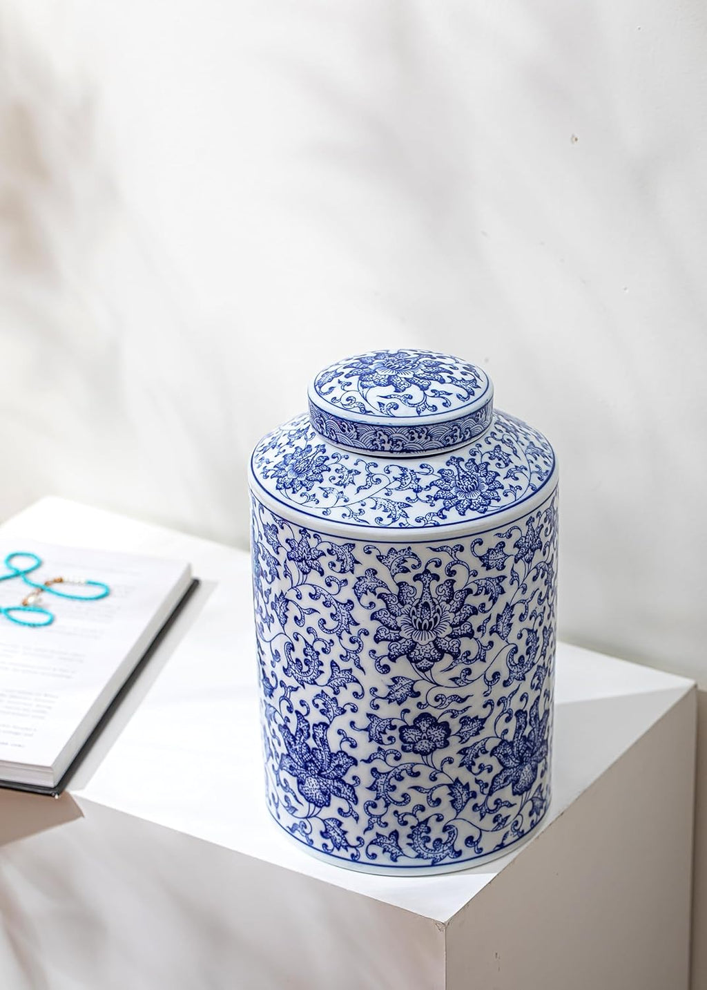 Blue and White Ginger Jar, Ceramic Chinoiserie Decorative Jars for Home, Office, Flower Vase Pocelain, Glossy Vase for Table, Living Room, Bookshelf, Mantle Fireplace, Centerpieces 11"