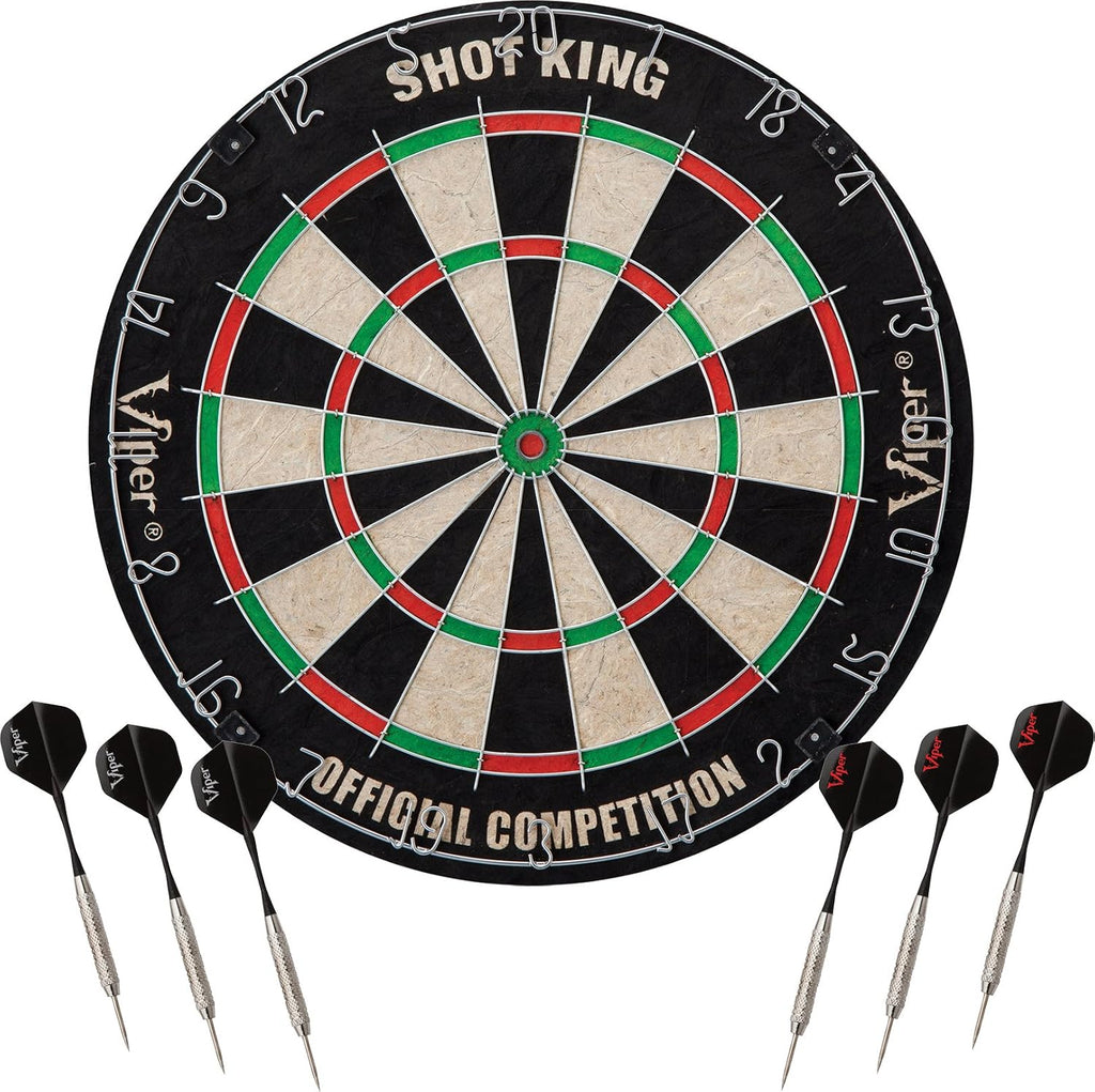 Viper Vault Cabinet & Shot King Sisal/Bristle Dartboard Ready-to-Play Bundle with Two Sets of Steel-Tip Darts, Throw Line, and Dry Erase Scoreboards, Walnut Finish