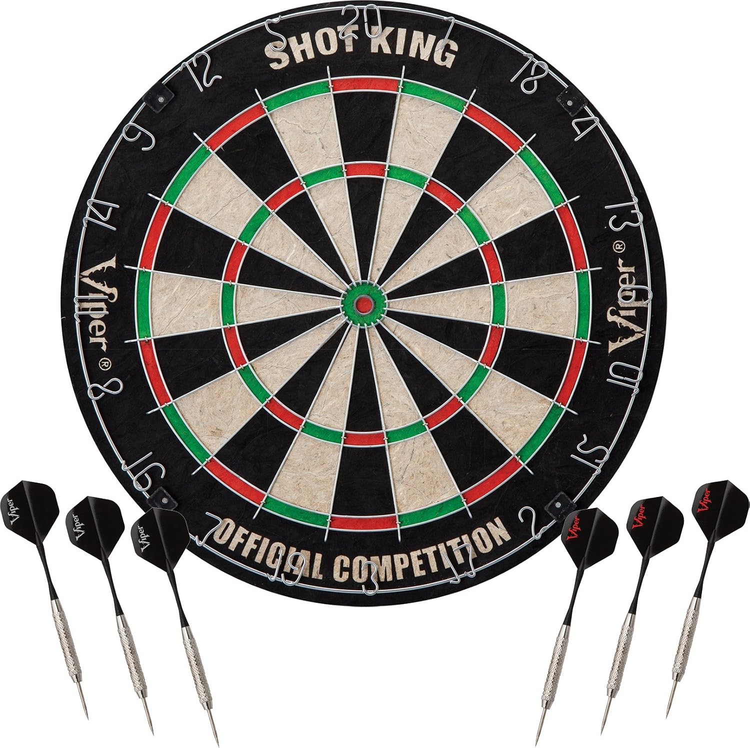 Viper Vault Cabinet & Shot King Sisal/Bristle Dartboard Ready-to-Play Bundle with Two Sets of Steel-Tip Darts, Throw Line, and Dry Erase Scoreboards, Walnut Finish