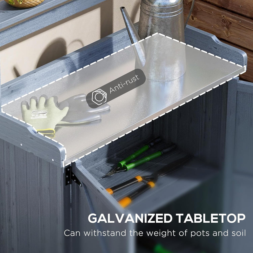 Outsunny Potting Bench, Outdoor Wooden Potting Table with Storage Cabinet with 2 Shelves, Garden Work Bench with Galvanized Plated Tabletop for Backyard, Balcony, Gray
