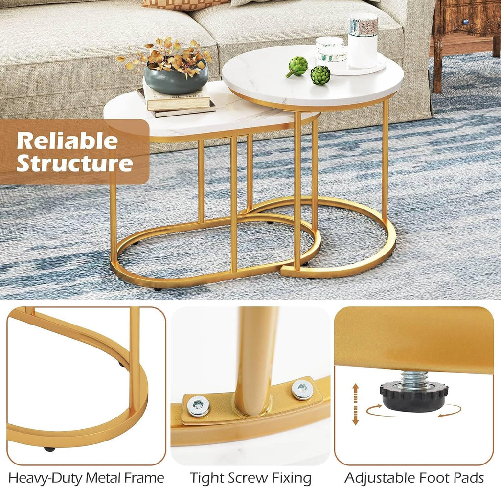 Multigot Nesting Tables Set of 2, Stacking End Side Table, Marble Accent Snack Coffee Tea Table for Living Room, Bedroom and Balcony (Marble + Golden)