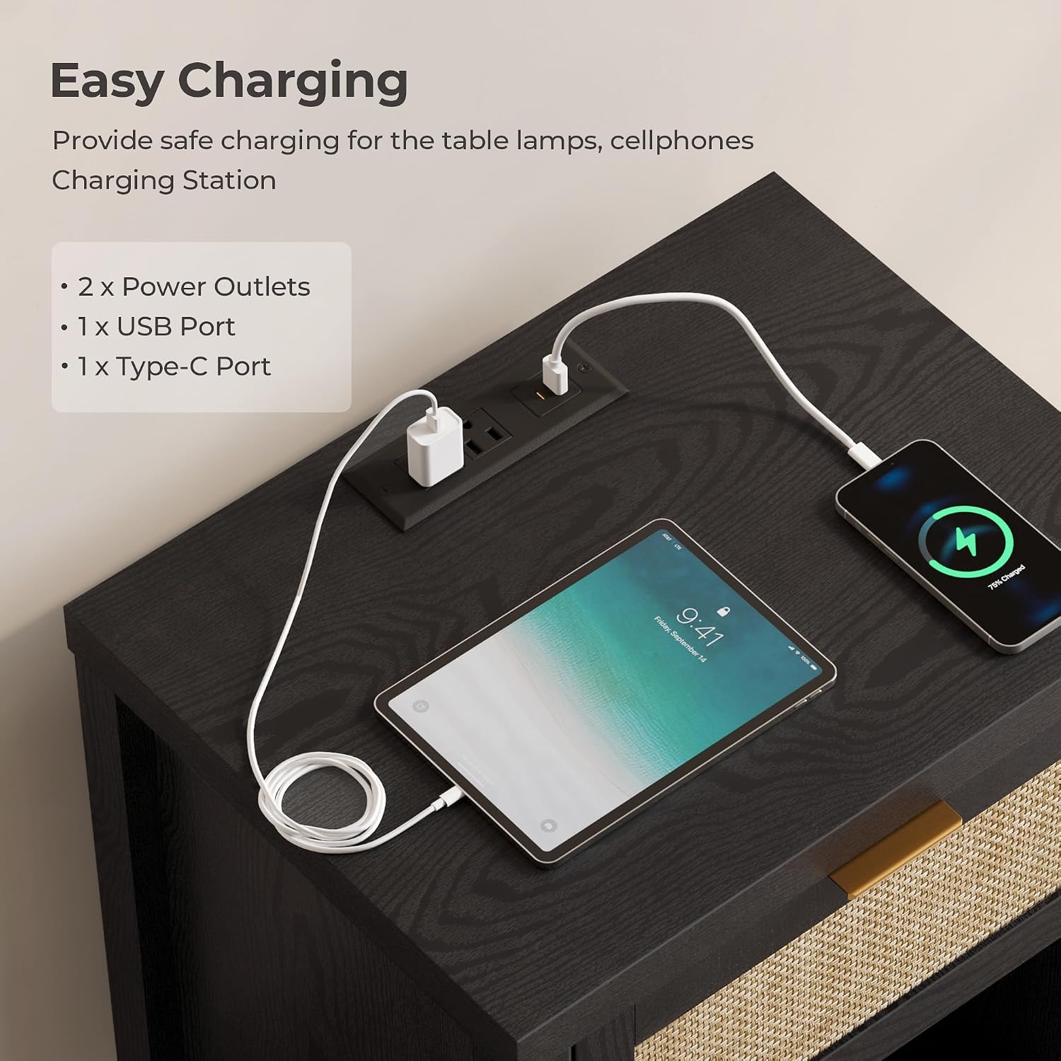 SICOTAS Black Rattan Nightstands Set of 2 with Charging Station | Modern Night Stand with Drawer, Bedside Table with USB and Type-C Ports, Bed Side Tables for Bedroom, Black Oak, 2 PCS