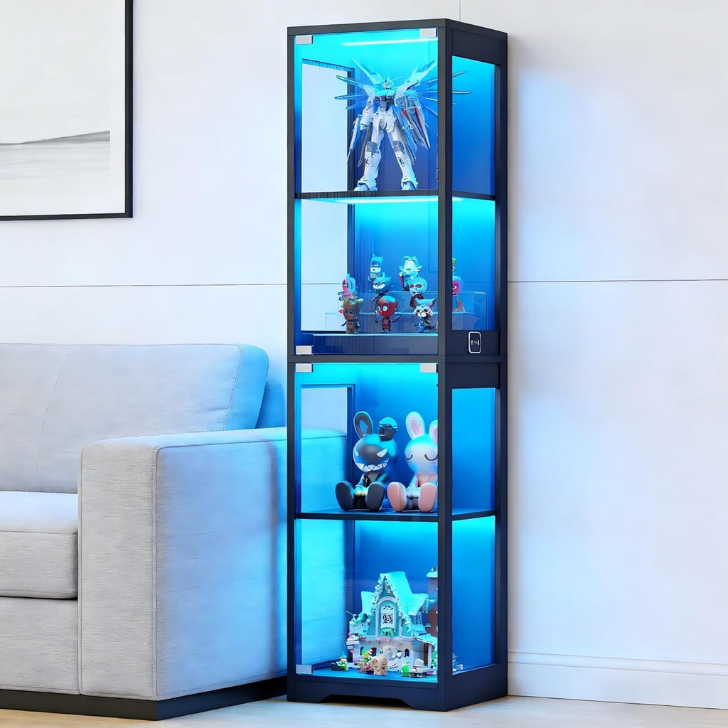 BROTTAR Small Glass Display Cabinet, 4-Tier Curio Cabinets with 3 Color Lights for Collectibles, Storage Cabinet with Door, Glass Display Case & Bookcase with Human Body Sensor, Black