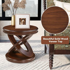 Round End Table 22 Inch with Solid Wood Veneer, Vintage Small Side Tables with Round Base, X-Design Accent Table Decor for Living Room/Small Space/Bedroom, Walnut