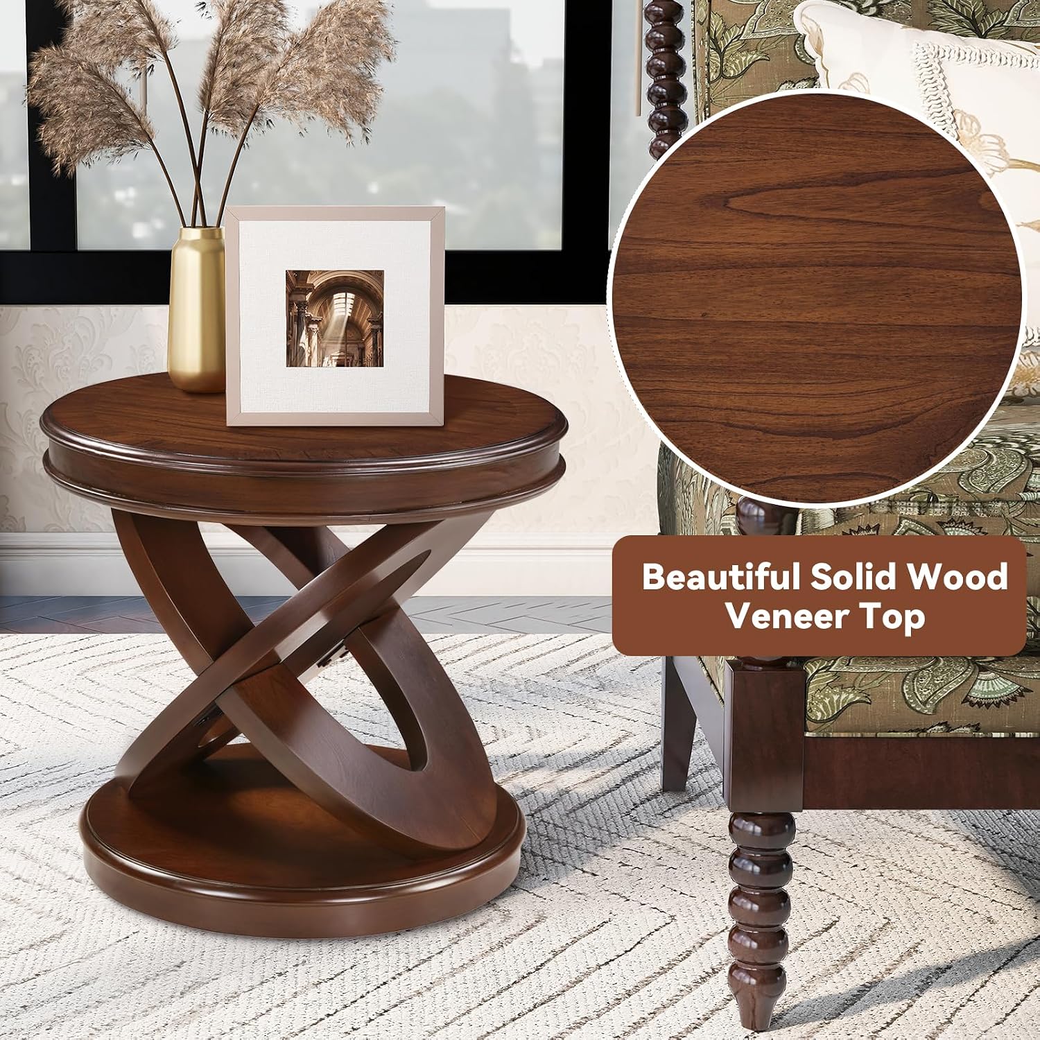 Round End Table 22 Inch with Solid Wood Veneer, Vintage Small Side Tables with Round Base, X-Design Accent Table Decor for Living Room/Small Space/Bedroom, Walnut