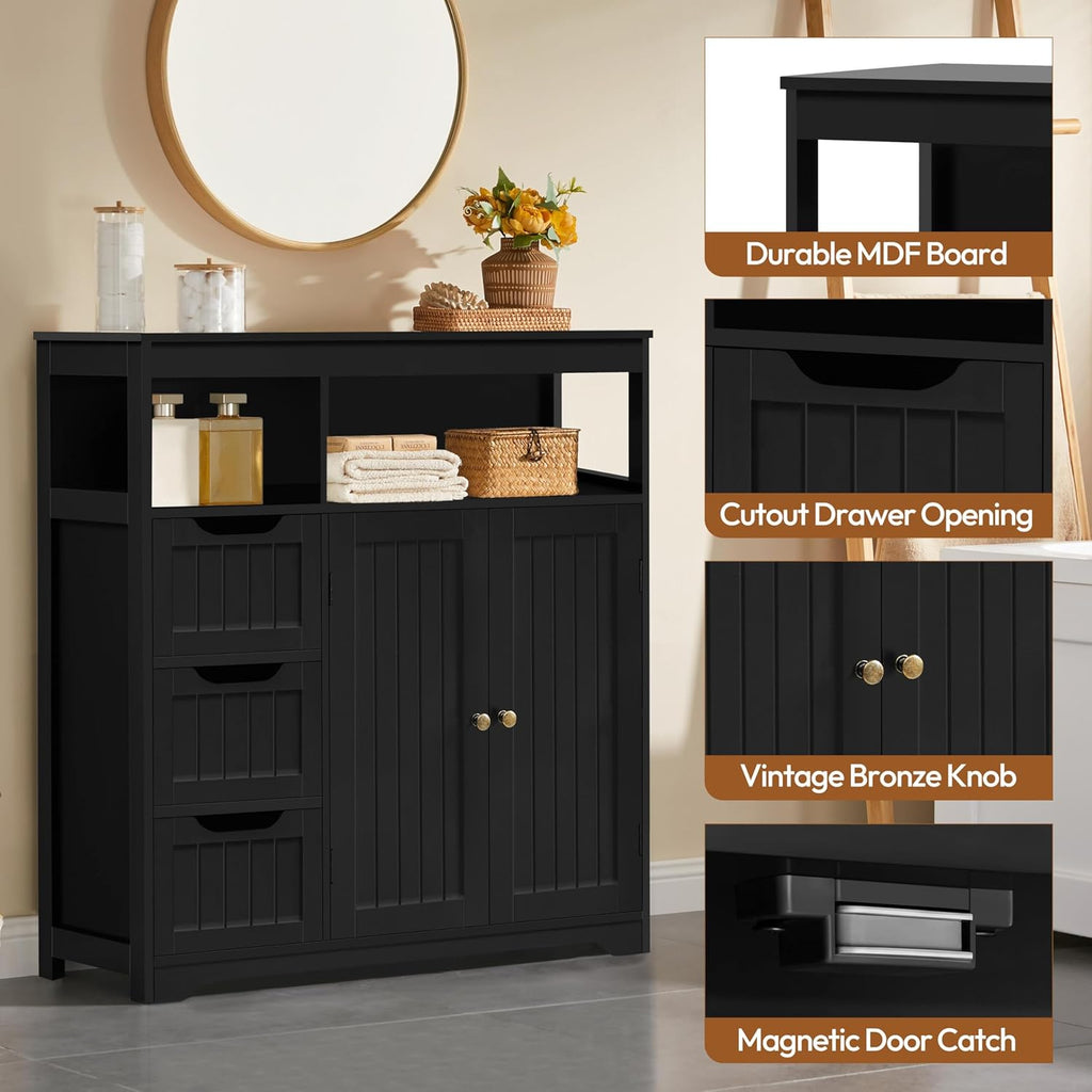 Yaheetech Bathroom Storage Cabinet, Wide Floor Cabinet with 3 Drawers and 2 Doors, Barhroom Storage Organizer with 2 Open Shelves, Adjustable Shelf, for Living Room, Kitchen, Hallway, Black