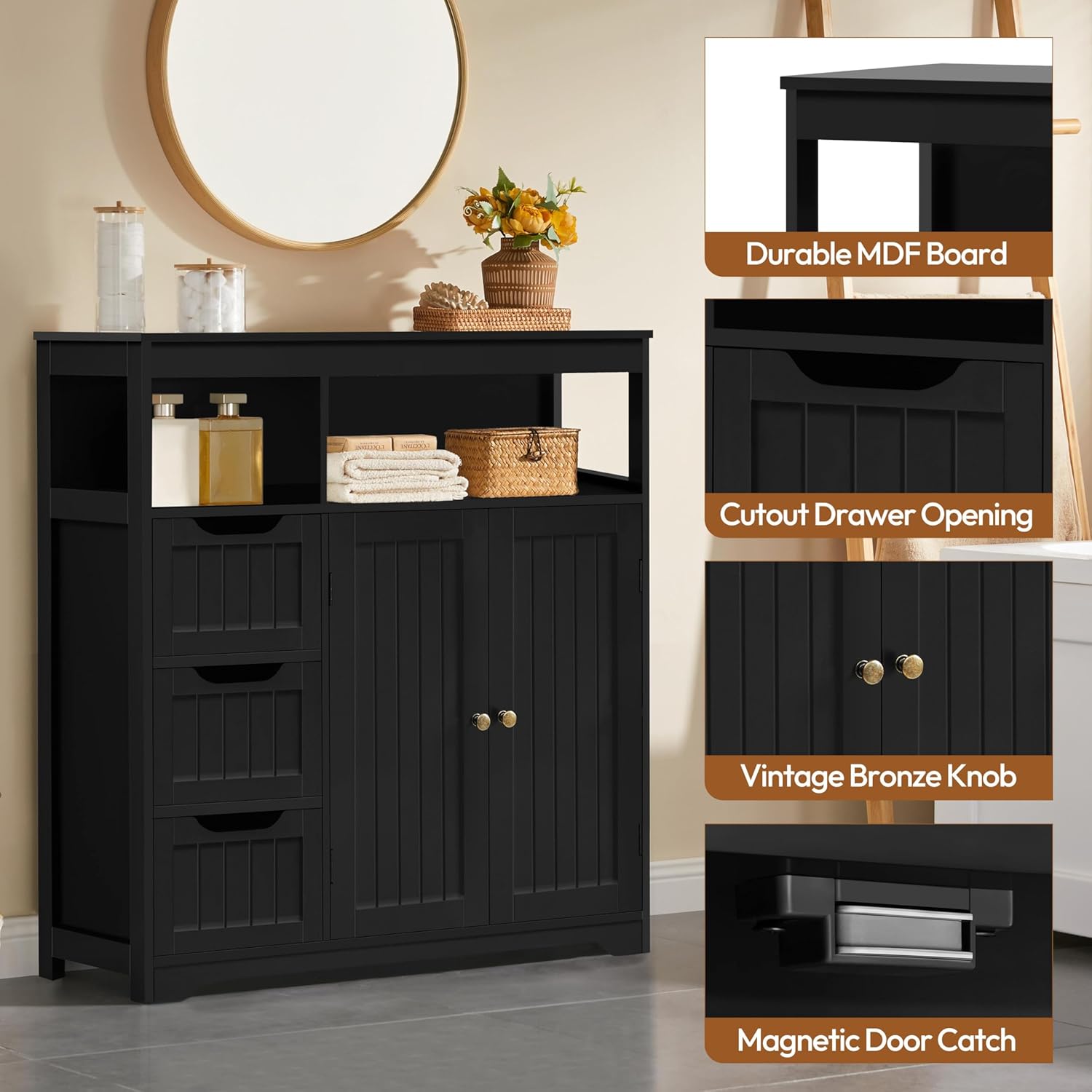 Yaheetech Bathroom Storage Cabinet, Wide Floor Cabinet with 3 Drawers and 2 Doors, Barhroom Storage Organizer with 2 Open Shelves, Adjustable Shelf, for Living Room, Kitchen, Hallway, Black