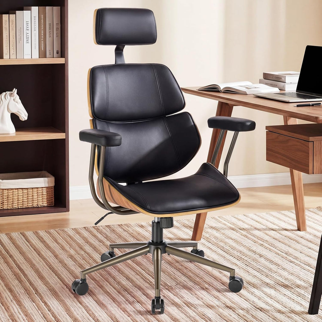 Home Office Desk Chair, High Back Chair with Headrest and Armrests, Modern Curved Walnut Wood Back and Seat, Ergonomic PU Leather Executive Swivel Rolling Chair for Home Office, Study(Black)