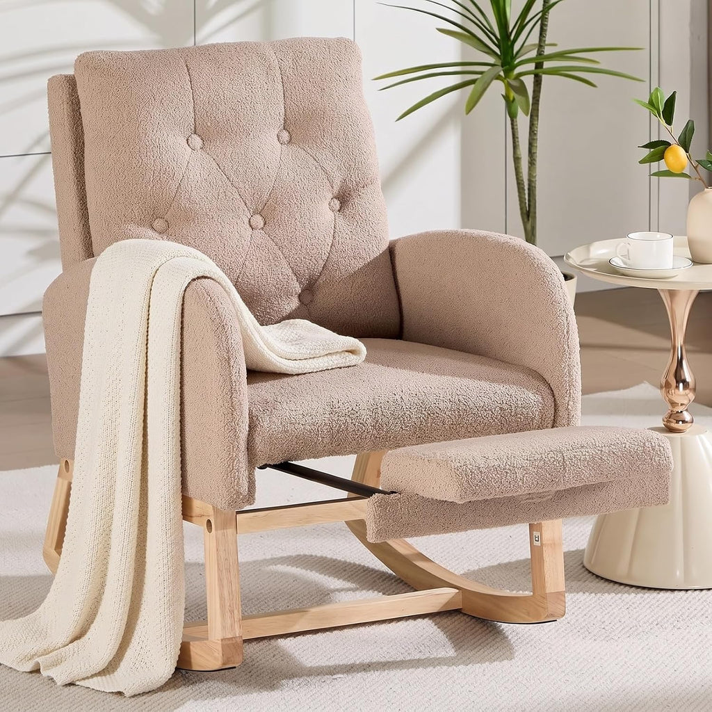 Nursery Rocking Chair, Teddy Upholstered Glider Rocker with Adjustable Footrest, Button Tufted Glider Recliner with Side Pocket & High Back, Accent Chair for Living Room (Brown Teddy)