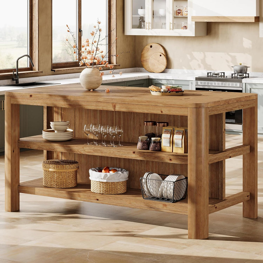 63-Inch Solid Wood Kitchen Island with Storage Shelves, Farmhouse Island Table with Seating, Counter Height Bar Table for Dining Room, Kitchen, Easy to Assemble, Natural Wood
