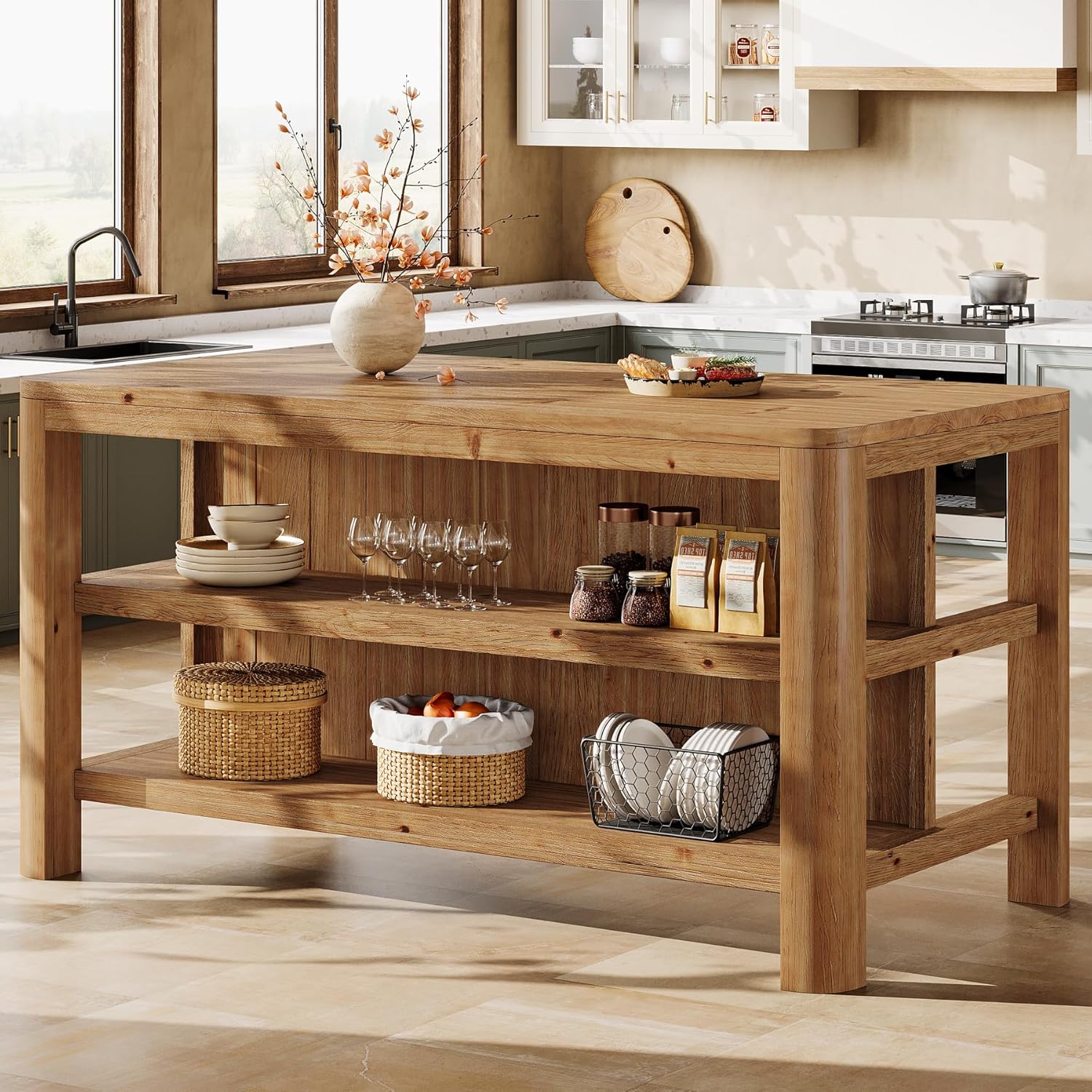 63-Inch Solid Wood Kitchen Island with Storage Shelves, Farmhouse Island Table with Seating, Counter Height Bar Table for Dining Room, Kitchen, Easy to Assemble, Natural Wood