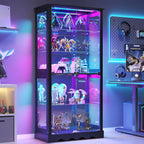 Dystler 71'' Glass Display Cabinet with Doors, RGB Curio Cabinet with LED Lights for Collectibles, Display Case with Adjustable Shelf, Black