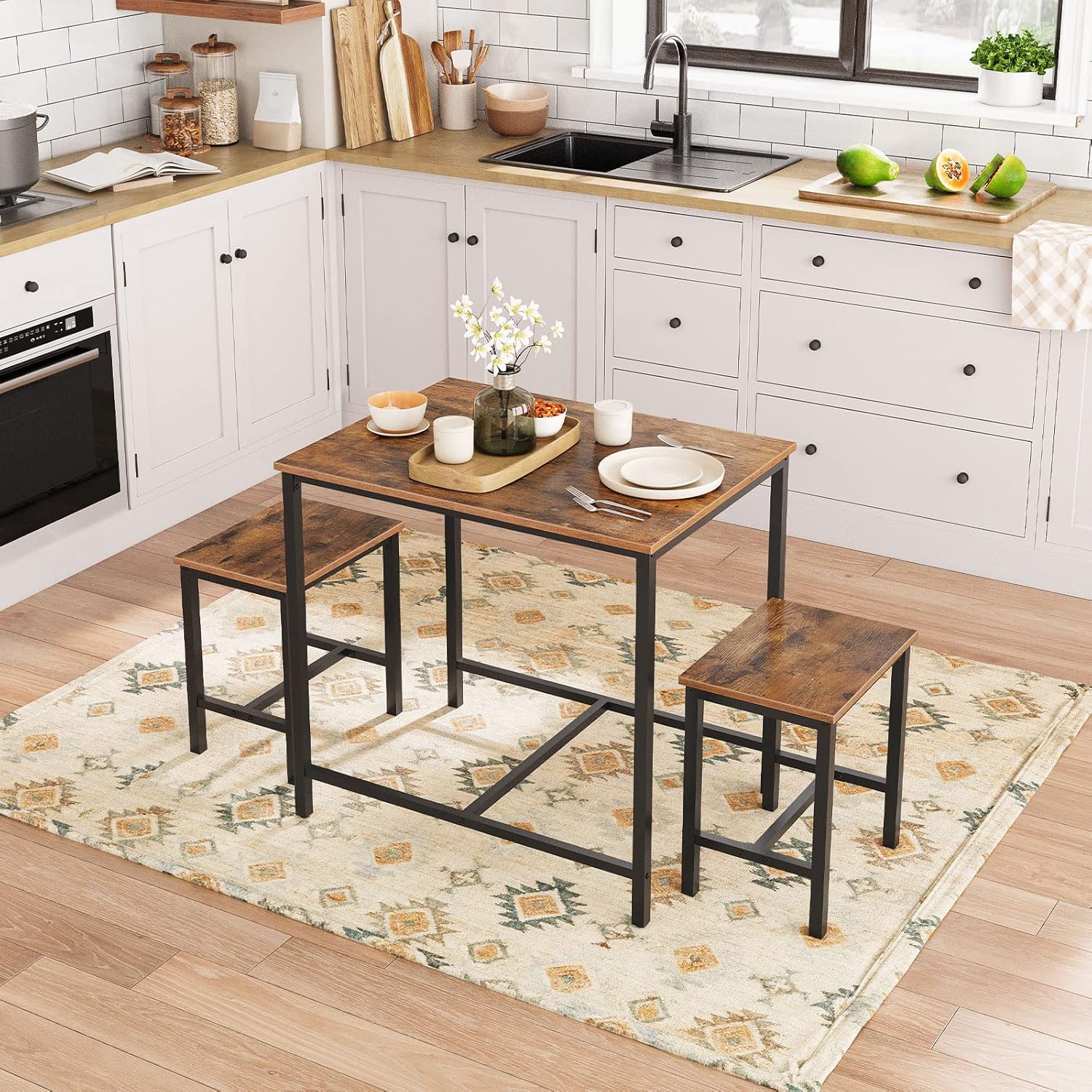 HOOBRO 3-Piece Industrial Dining Table Set, Kitchen Table, Space Saving Dinette for Kitchen, Dining Room, Small Space, Breakfast Nook, Living Room, Party, Rustic Brown and Black BF75CZ01G1