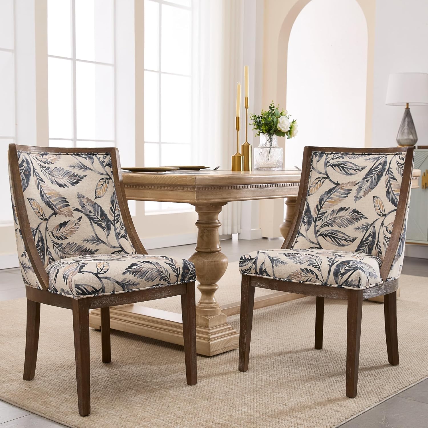 LZAREAL Farmhouse Dining Chairs Set of 2 Upholstered Dining Room Chairs with Curved High Back for Kitchen Restaurant Cafe Home, Walnut Color Wood Legs, Linen Floral Paded Seat