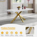 70 inch Faux Marble Dining Table for 4-6, Modern Kitchen Table with White Faux Marble Tabletop, Gold Stainless Steel X Base, Rectangular Dining Room Table for Dinner, Party, Meeting, Celebration