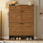 BORNOON Shoe Storage Cabinet for Entryway, Farmhouse Narrow Shoe Cabinet with 2 Flip Drawers & Top Drawers, Adjustable Shelves & Hooks, Freestanding Hidden Rack Organizer for Hallway, Foyer