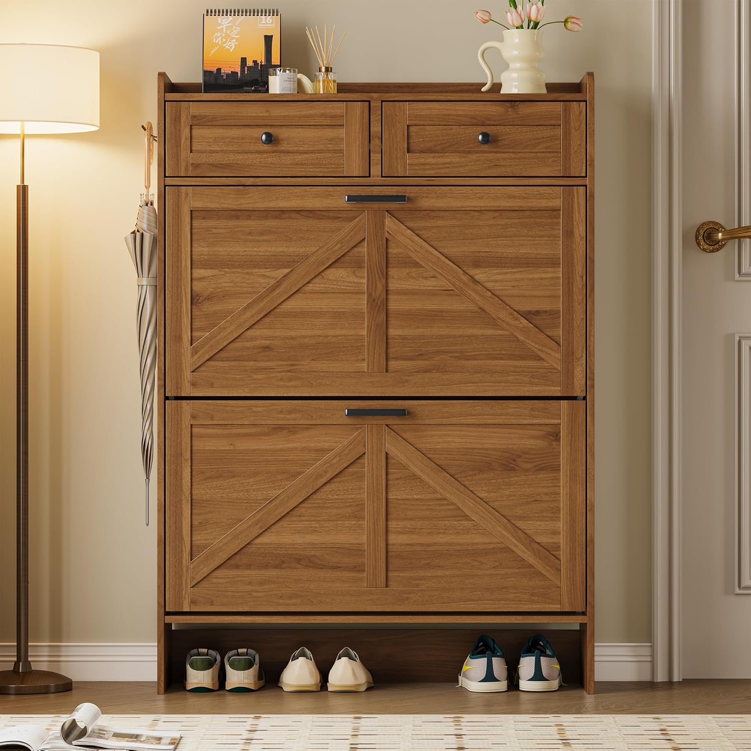 BORNOON Shoe Storage Cabinet for Entryway, Farmhouse Narrow Shoe Cabinet with 2 Flip Drawers & Top Drawers, Adjustable Shelves & Hooks, Freestanding Hidden Rack Organizer for Hallway, Foyer