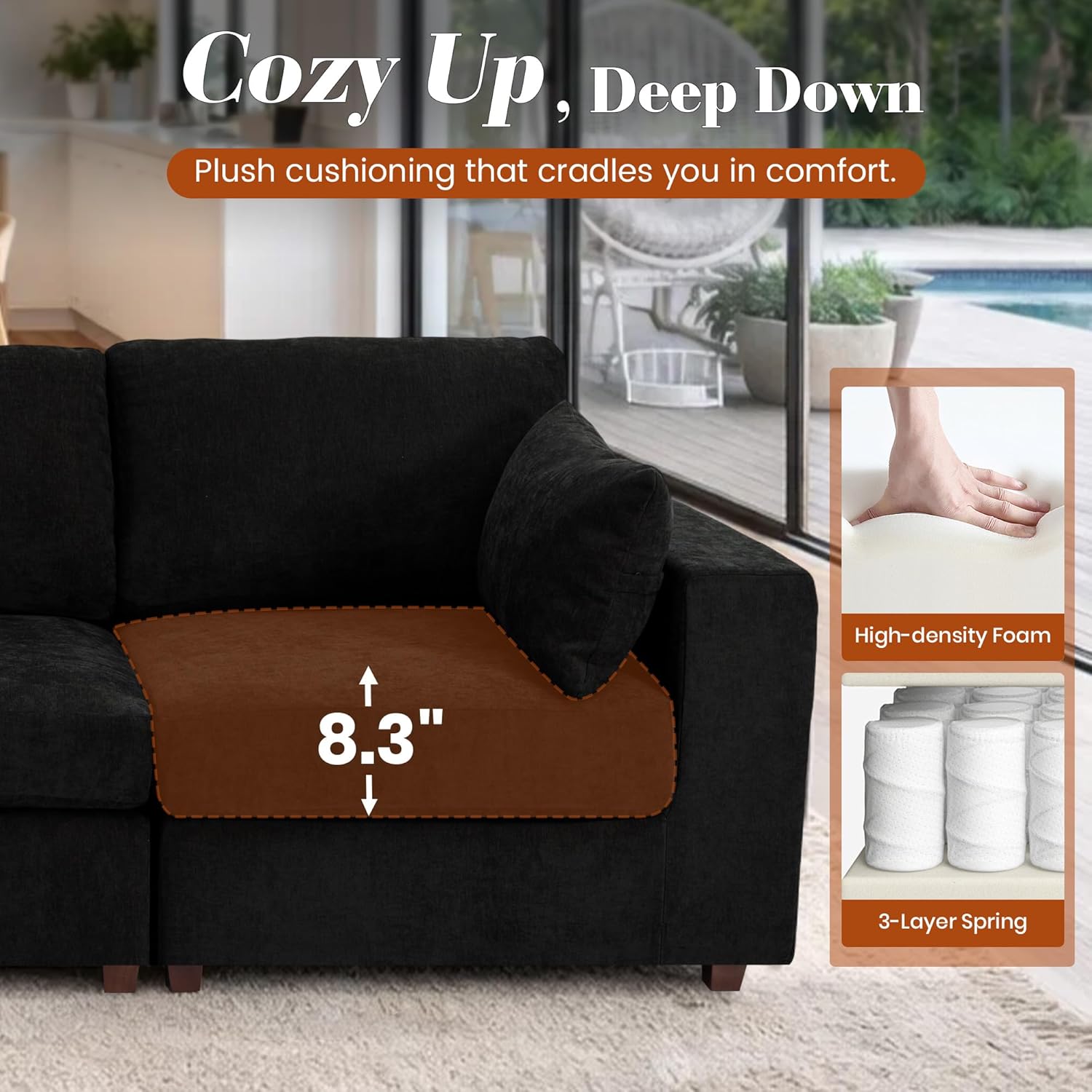 151" Oversized Sectional Sofa Set, Extra Large Modular Couch with Ottoman, Upholstered Linen Cloud Couch Deep Seat Sofa Cushion Covers Removable for Living Room (6 Seater U Shaped Black)