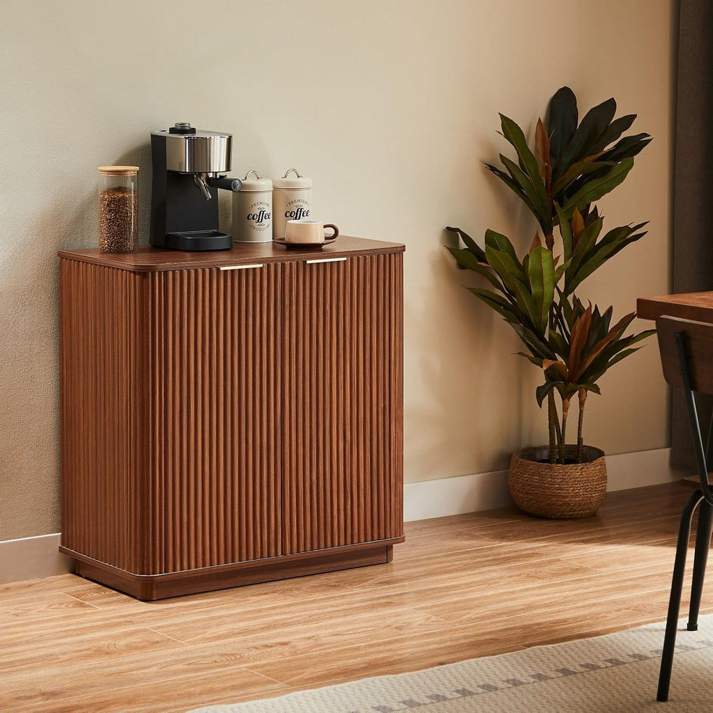 Buffet Cabinet with Curved Wave Design, Multi-Functional Sideboard with Adjustable Shelf for Living Room, Dining Room, and Entryway Storage, 31.5x31.5x15.75 Inch (Walnut)