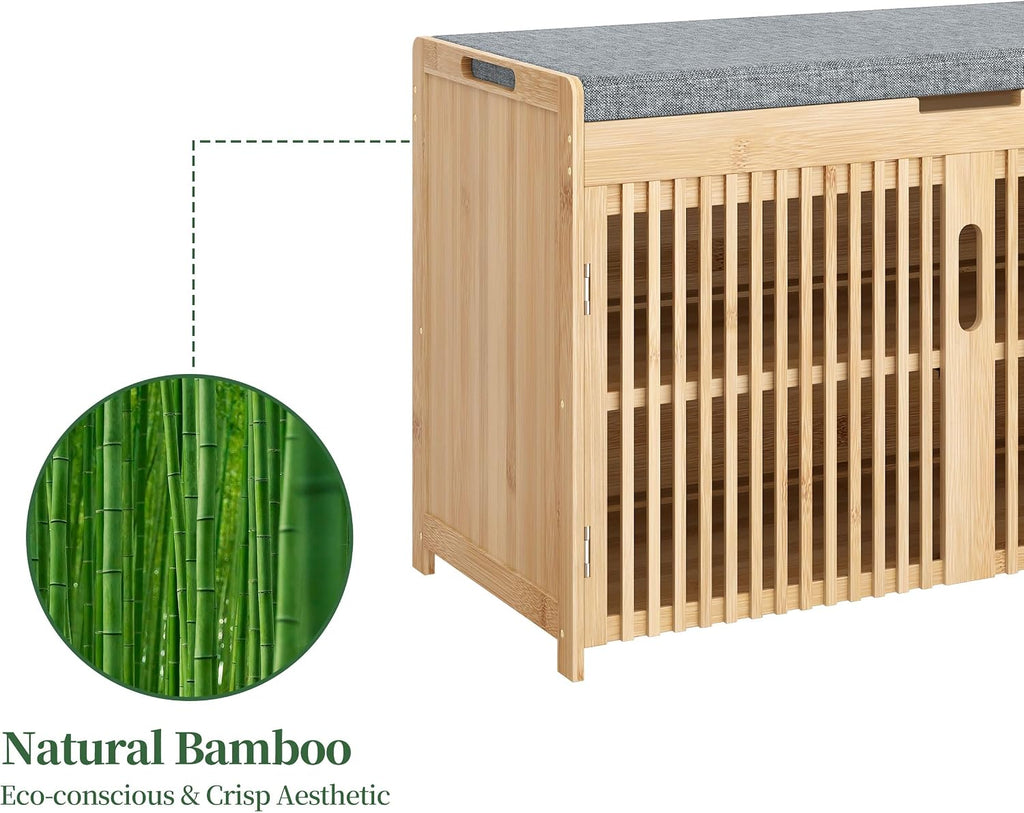 APRTAT Bamboo Shoe Storage Bench with Padded Cushion, 3-Tier Shoe Rack Organizer with 2 Ventilated Grille Doors for Entryway, Bedroom, Bathroom (Nature, Large)