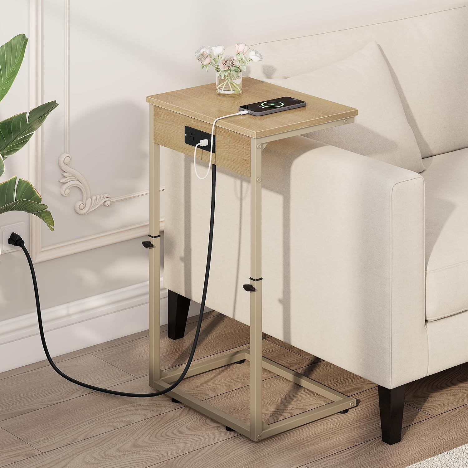 Vagusicc C Shaped End Table with Charging Station, Adjustable Height Side Table for Couch, Small Side Table, 33.2'' Tall Couch Tables that Slide Under, Tv Tray End Table for Living Room, Natural