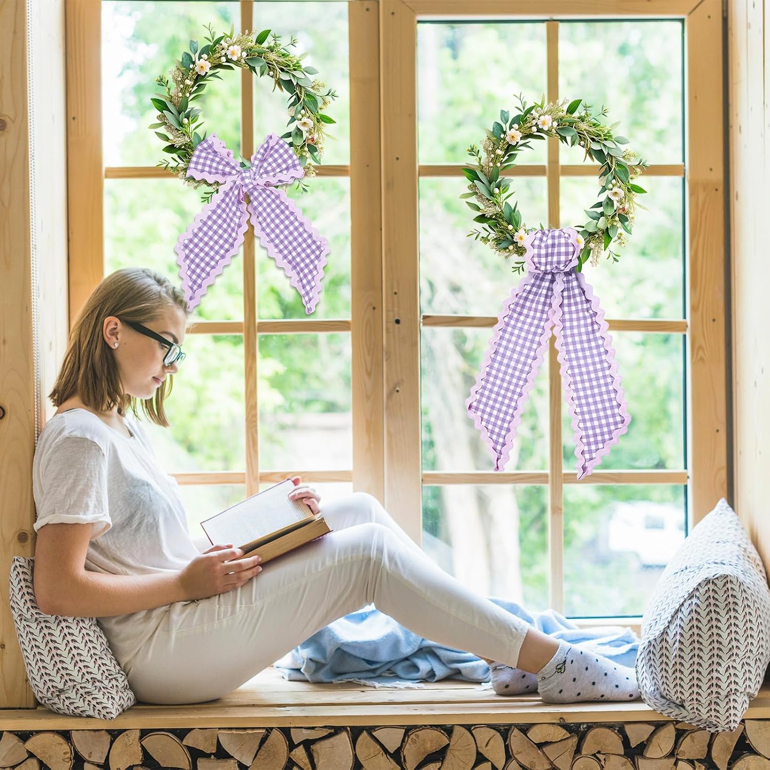 Whaline 2 Pcs Wreath Sash for Front Door Purple Plaid Garland Ribbon for Holiday Party Home Decor Indoor Outdoor