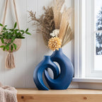 Liotww Snuggle Hollow Ceramic Vase Set of 2, 8.4 Inch Hug Donut Modern Nordic Boho Style Vases for Home Decor Anthropologie Aesthetic Living Room Shelf Coffee Table Decorative (Navy Blue)