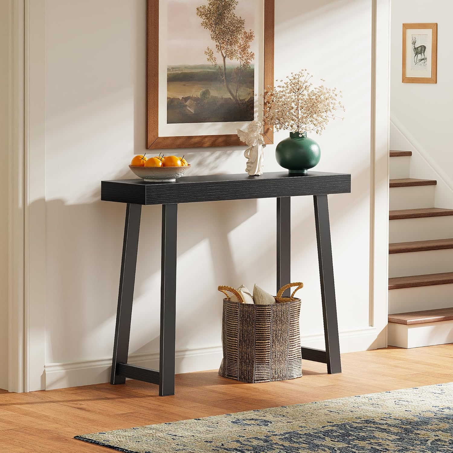 Huuger Entryway Console Table with Charging Station, USB-C Port, 39.4 Inch Sofa Table with Metal Legs, Entry Hallway Table with Thicker Desktop, Modern Behind Couch Table, Black
